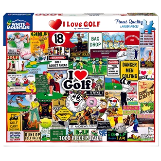 Colorful 1000-piece golf-themed jigsaw puzzle with retro signs and humorous golf cartoons in toys and puzzles collections under $50