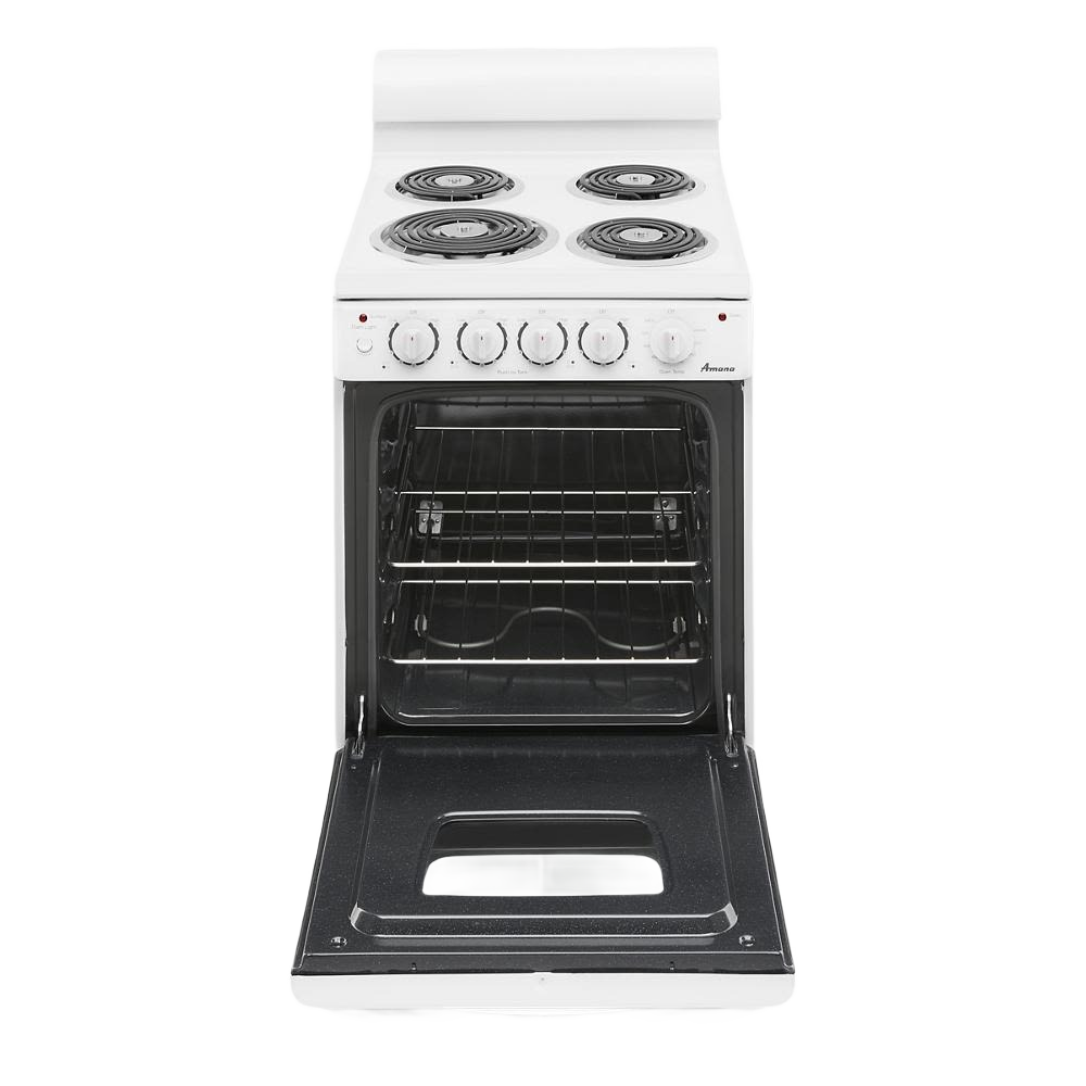 Front view of a 20-inch white electric range with four coil burners, control knobs, and an open oven door showing oven racks, part of Ranges, Electric Ranges, Kitchen & Kitchenware, Appliances, and Ranges & Cooktops collections.