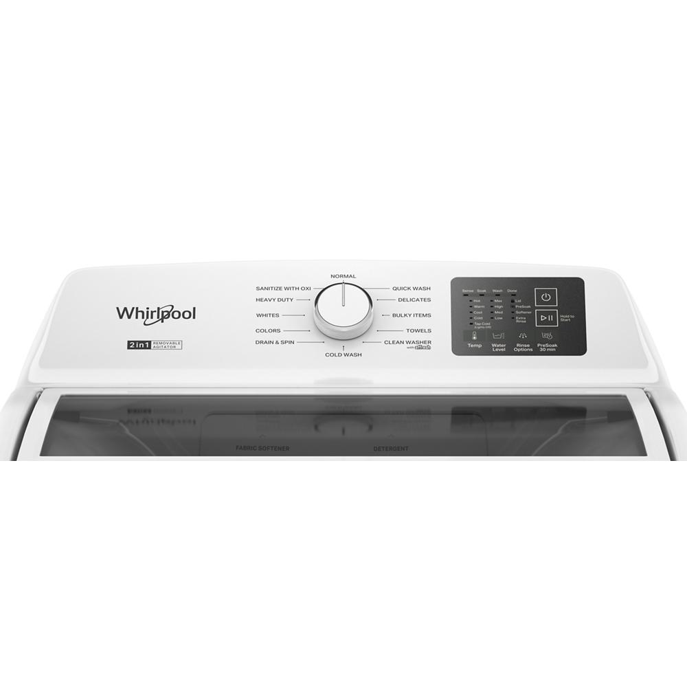Top load washer control panel with cycle selector dial and digital touch buttons for wash settings and options