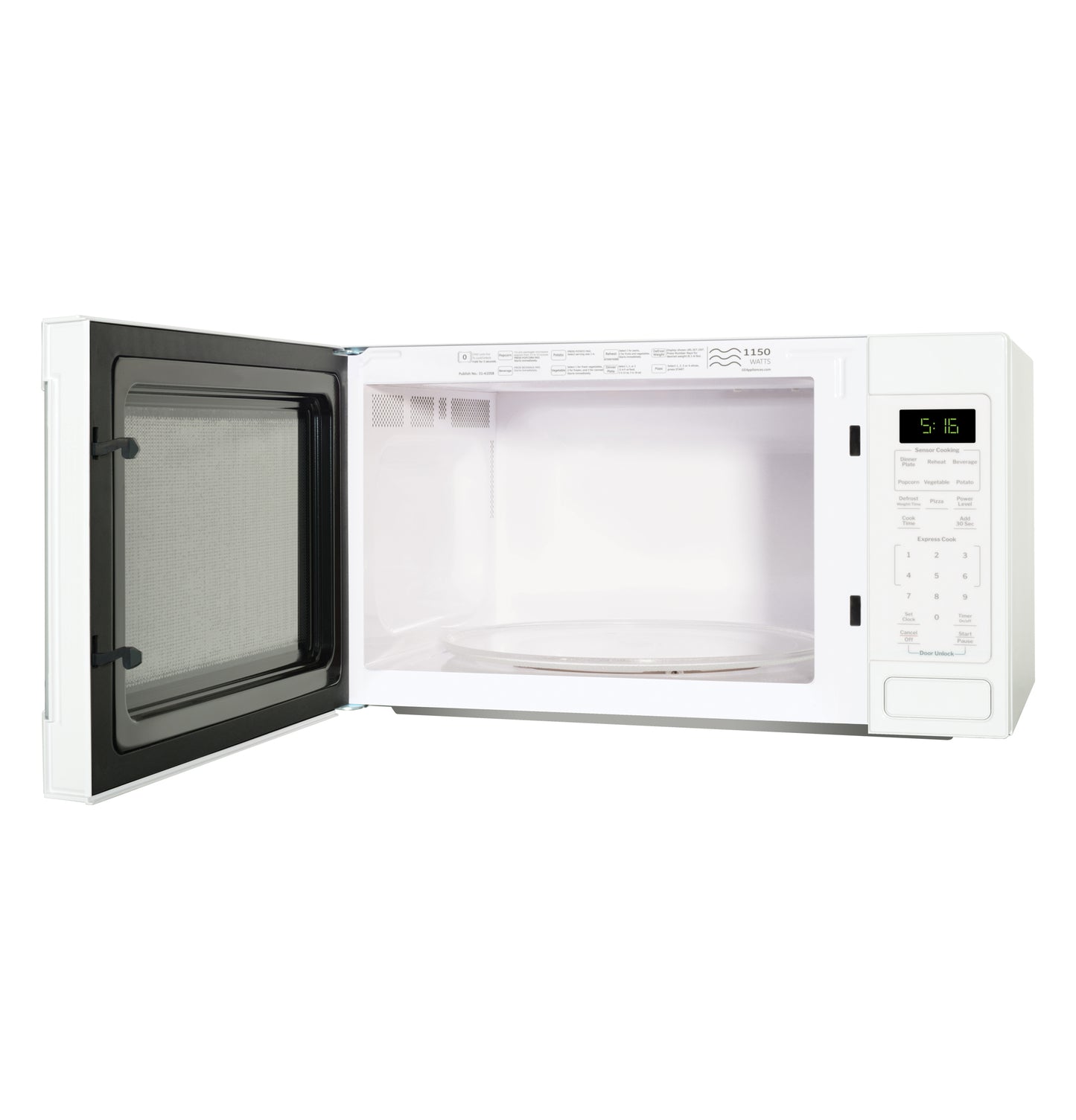 White countertop microwave with open door, digital control panel, and rotating glass turntable from Kitchen & Kitchenware collection