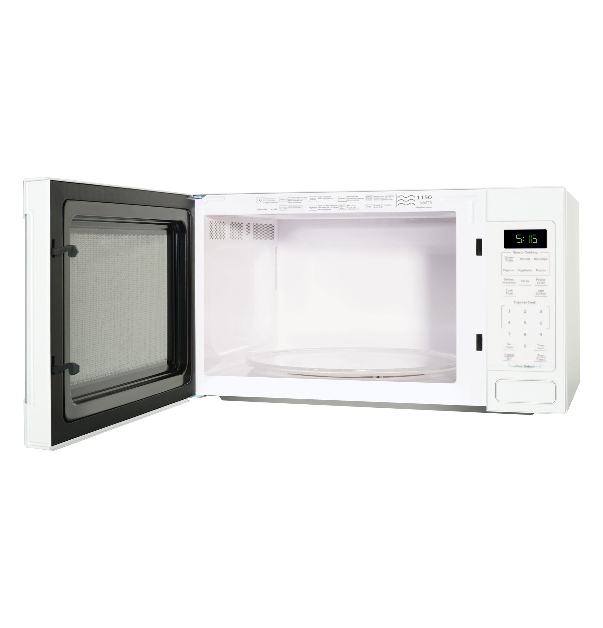 White countertop microwave with open door, digital control panel, and rotating glass turntable from Kitchen & Kitchenware collection