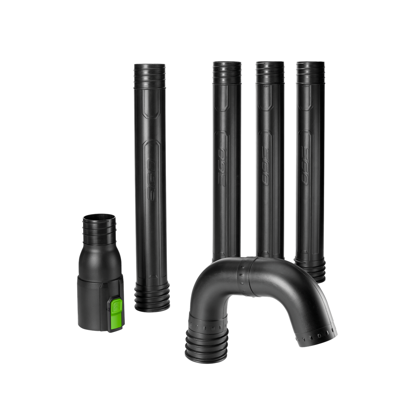 Set of black plastic extension tubes and curved attachment for gutter cleaning with EGO leaf blower accessories.