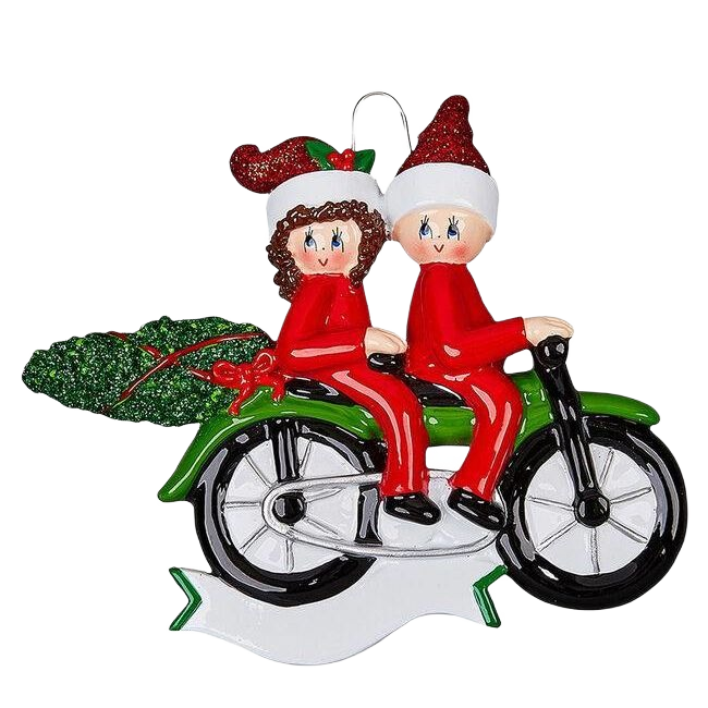 Couple in festive outfits riding green motorcycle with Christmas tree tied to back from Christmas Ornaments collection