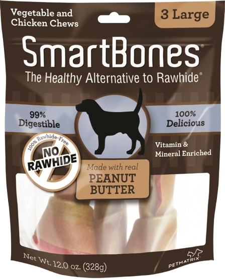 Package of three large peanut butter dog chews made with vegetable and chicken ingredients in pet treats collection under $50