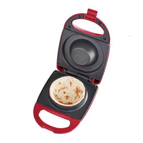 Red waffle bowl maker with dual non-stick plates and ergonomic handles for small kitchen appliances collection