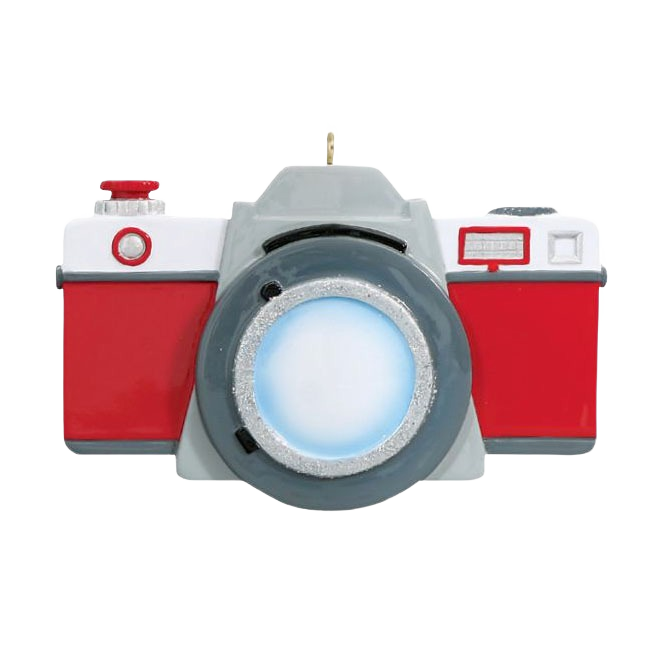 Red and gray vintage-style camera ornament with silver accents for Christmas tree decorations under 50 dollars collection