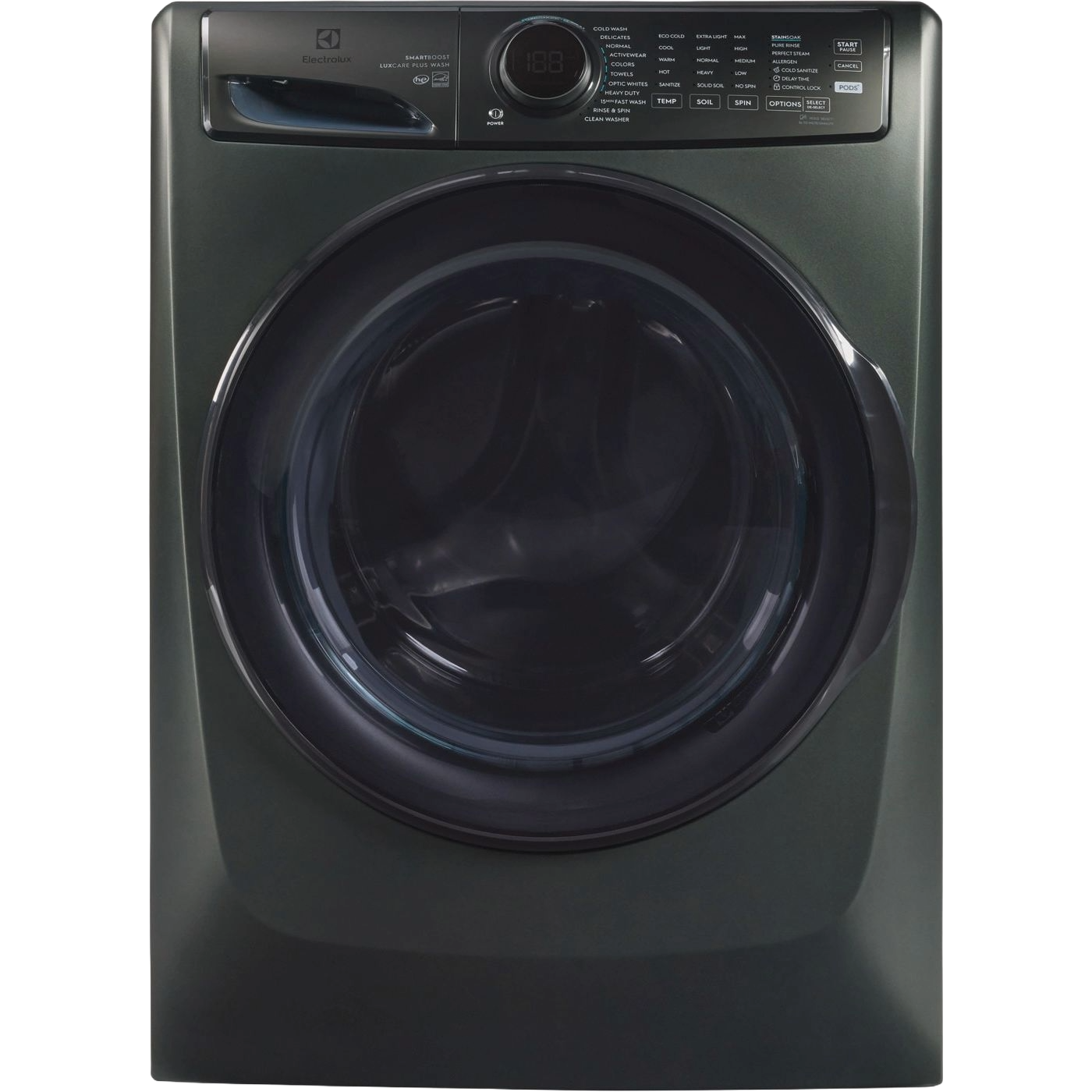 Dark gray front load washer with digital controls and large round door from front load washers collection