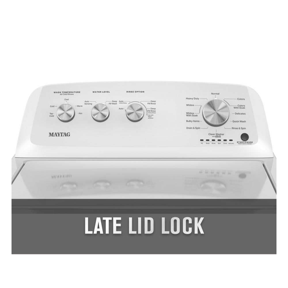 Close-up of white top load washer control panel with cycle, water level, and rinse option dials in washers collection