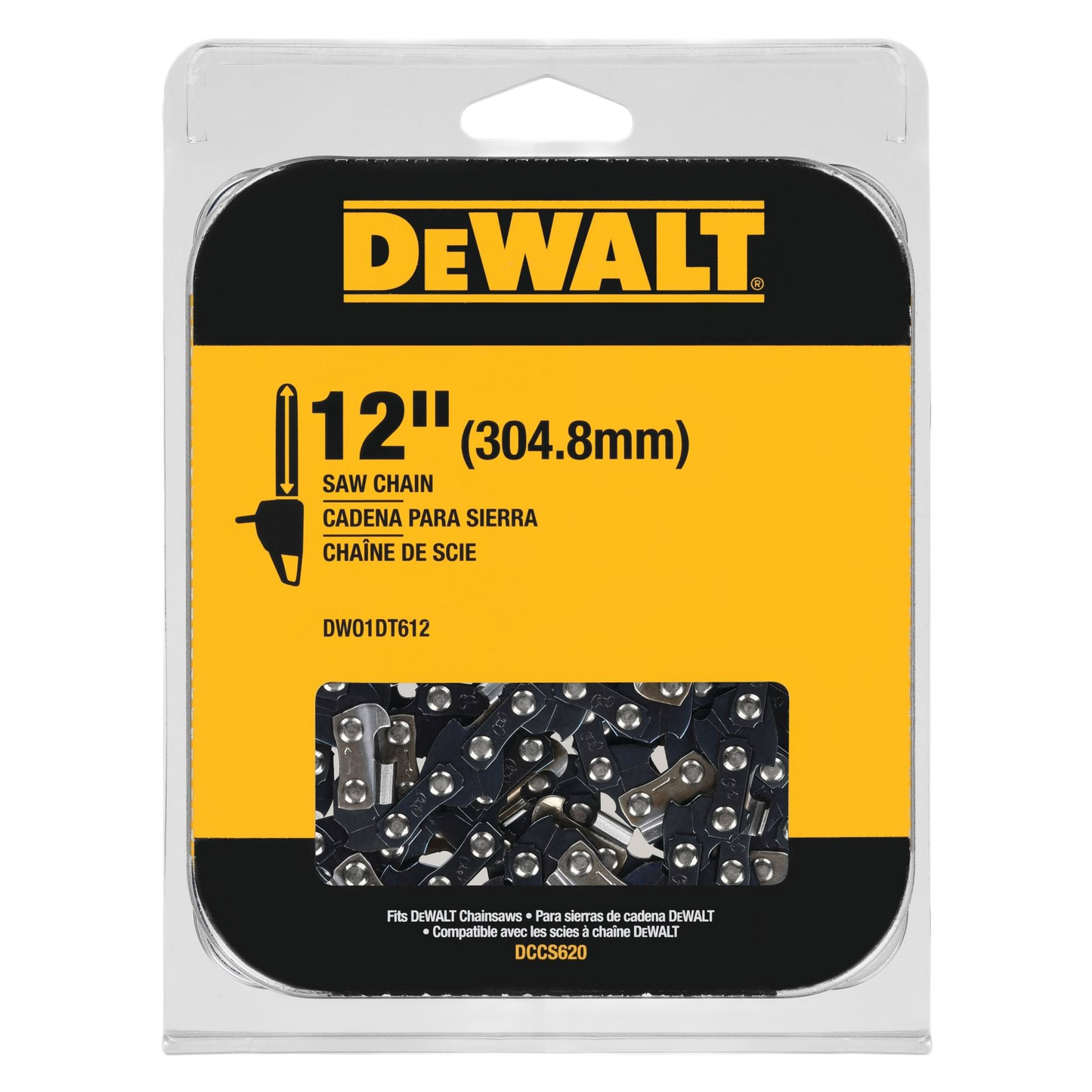 Replacement saw chain in clear plastic clamshell packaging with DEWALT branding for power tool accessories and saw maintenance