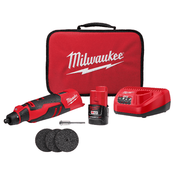 Compact red and black cordless rotary tool kit with battery, charger, accessories, and soft carrying case for home improvement tasks