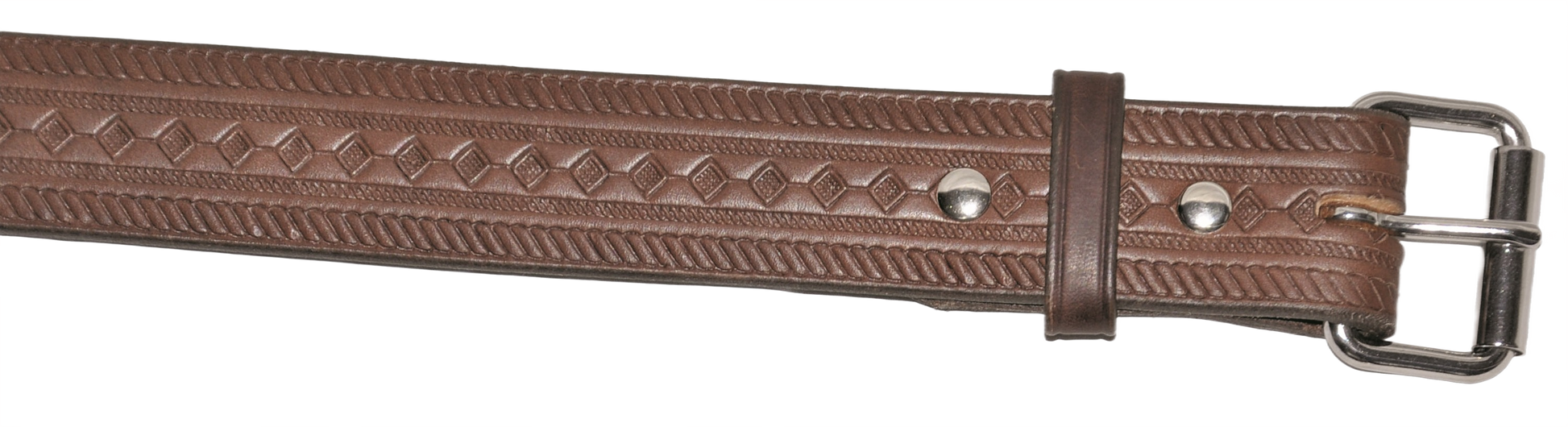 Brown super duty leather belt with diamond pattern embossing and silver buckle for heavy-duty use