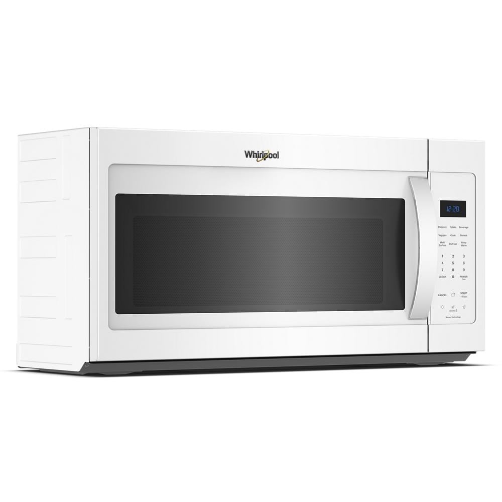 White Whirlpool over-the-range microwave with digital control panel and sensor cooking in kitchen appliances collection
