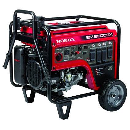 Red and black Honda 6500 watt generator with CO-MINDER, portable frame, wheels, and control panel, featured in outdoor power and rental equipment at Hartville Hardware.