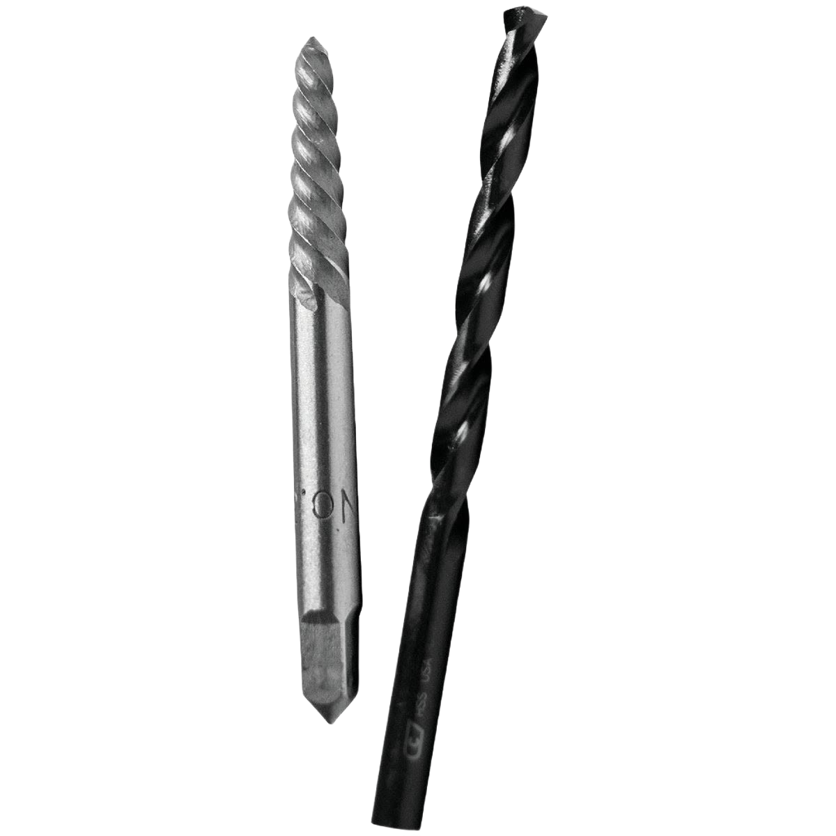 Pair of metal screw extractor and drill bit with spiral flutes for home improvement and tool use