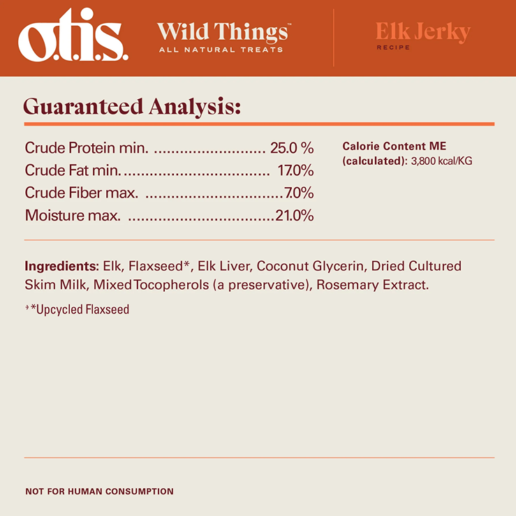 Guaranteed analysis and ingredients label for Otis elk jerky dog treats with nutritional values and upcycled flaxseed info