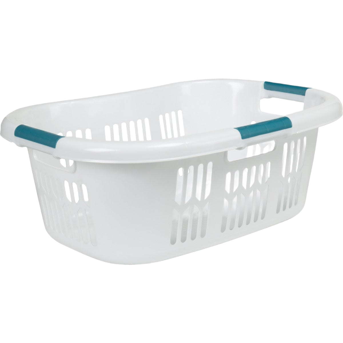 White plastic laundry basket with three handles and ventilation slots for storage and laundry organization under $50