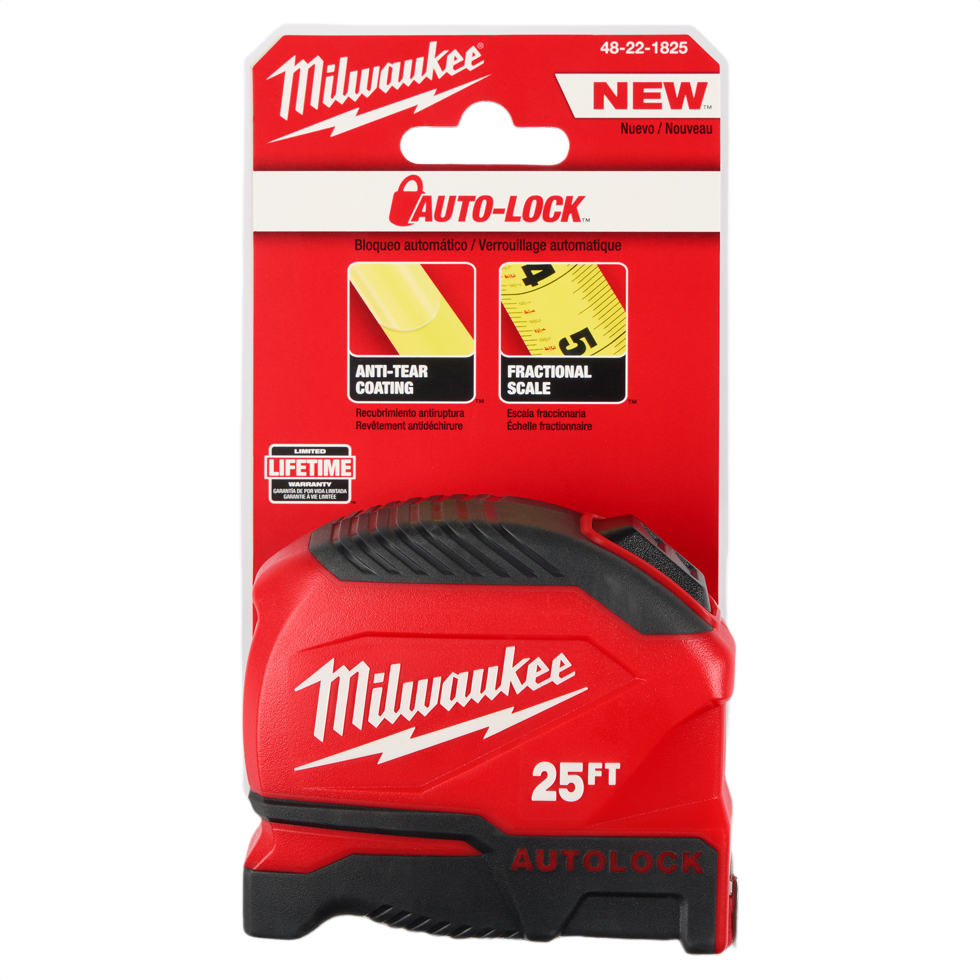 Red and black compact 25-foot tape measure with auto-lock, anti-tear coating, and fractional scale for home improvement tasks