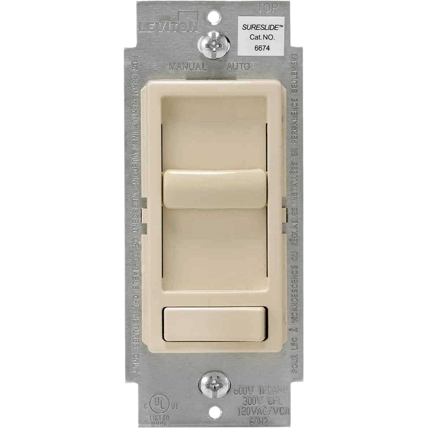 Light almond slide dimmer switch with manual and auto settings for incandescent and LED lighting control