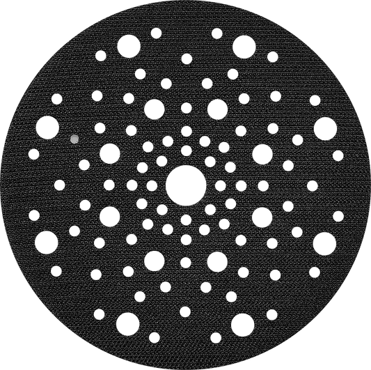 Black circular abrasive sanding pad with multiple dust extraction holes for power tool accessories and home improvement