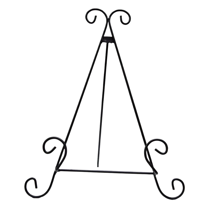 Black metal display easel with floral scroll design, suitable for indoor Christmas decor and home decoration under $50