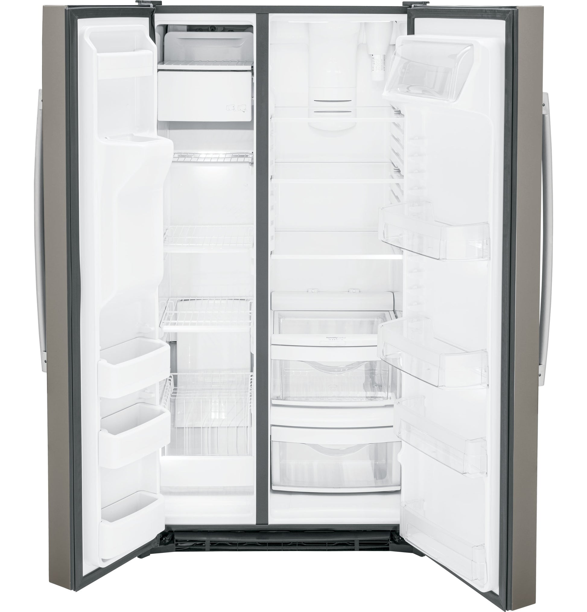Open side-by-side refrigerator with empty shelves and door bins from side-by-side refrigerators and appliances collections
