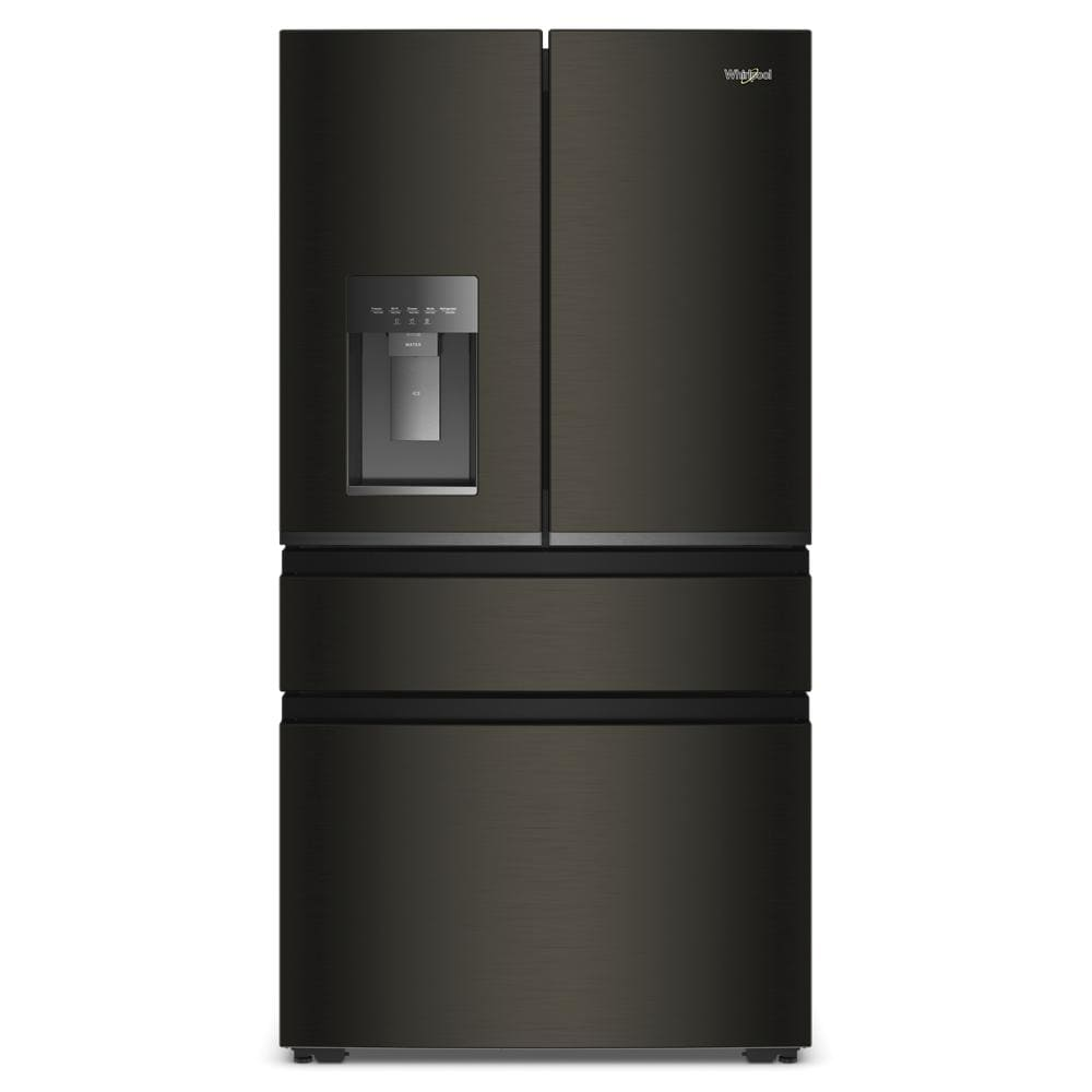 Black 4-door French door refrigerator with water dispenser and two spacious lower drawers, part of kitchen appliances and French door refrigerators collections.