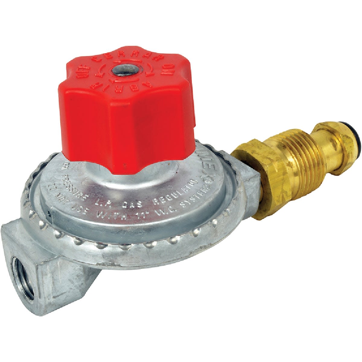 Compact high-pressure regulator with red adjustment knob and brass connector for home improvement use