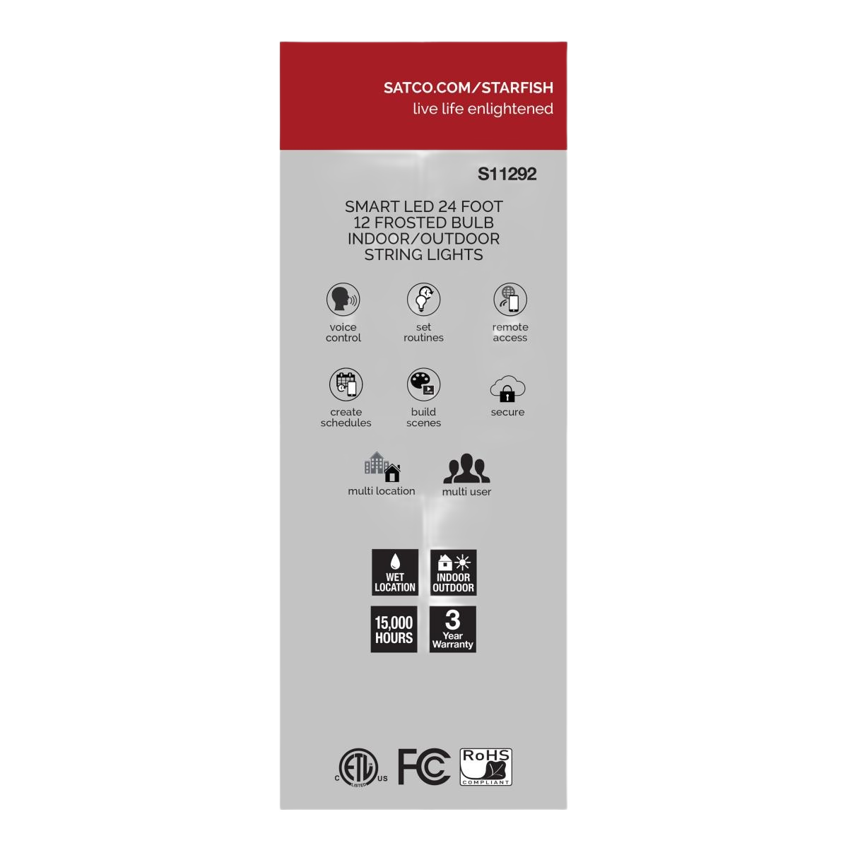 Packaging for smart 24-foot frosted LED string lights with features like voice control and multi-location use