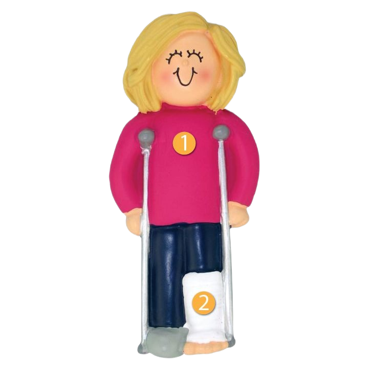 Personalized blonde female ornament with crutches and leg cast for Christmas Ornaments & Tree Decorations under $50 collection
