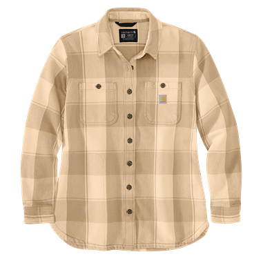 Beige plaid overshirt with front pockets and button closure designed for durability and comfort in workwear tasks