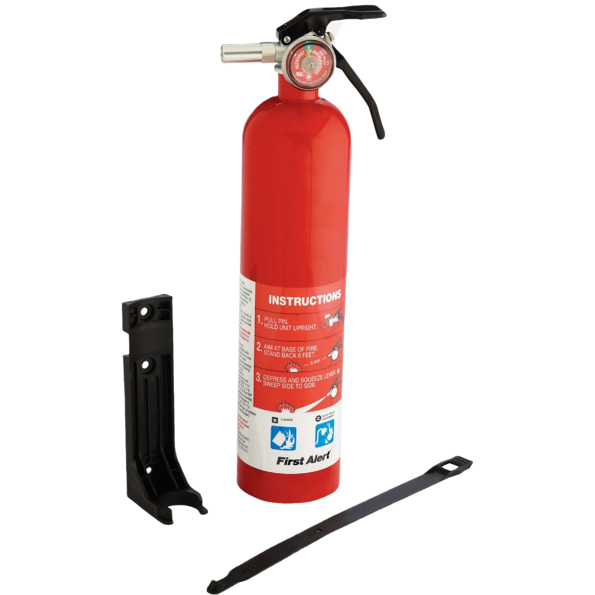 Red rechargeable garage fire extinguisher with wall mount bracket and safety clip for fire safety and electrical tool collections