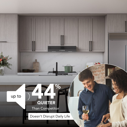 modern kitchen featuring under cabinet range hood with touch controls and minimalistic gray cabinetry in appliances collection