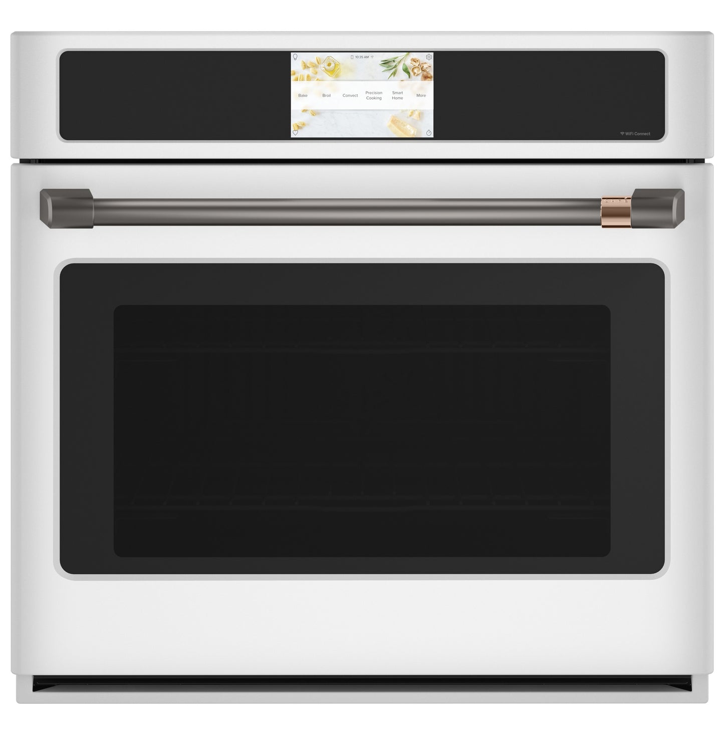 White smart built-in convection wall oven with digital touchscreen and stainless steel handle in kitchen appliance setting