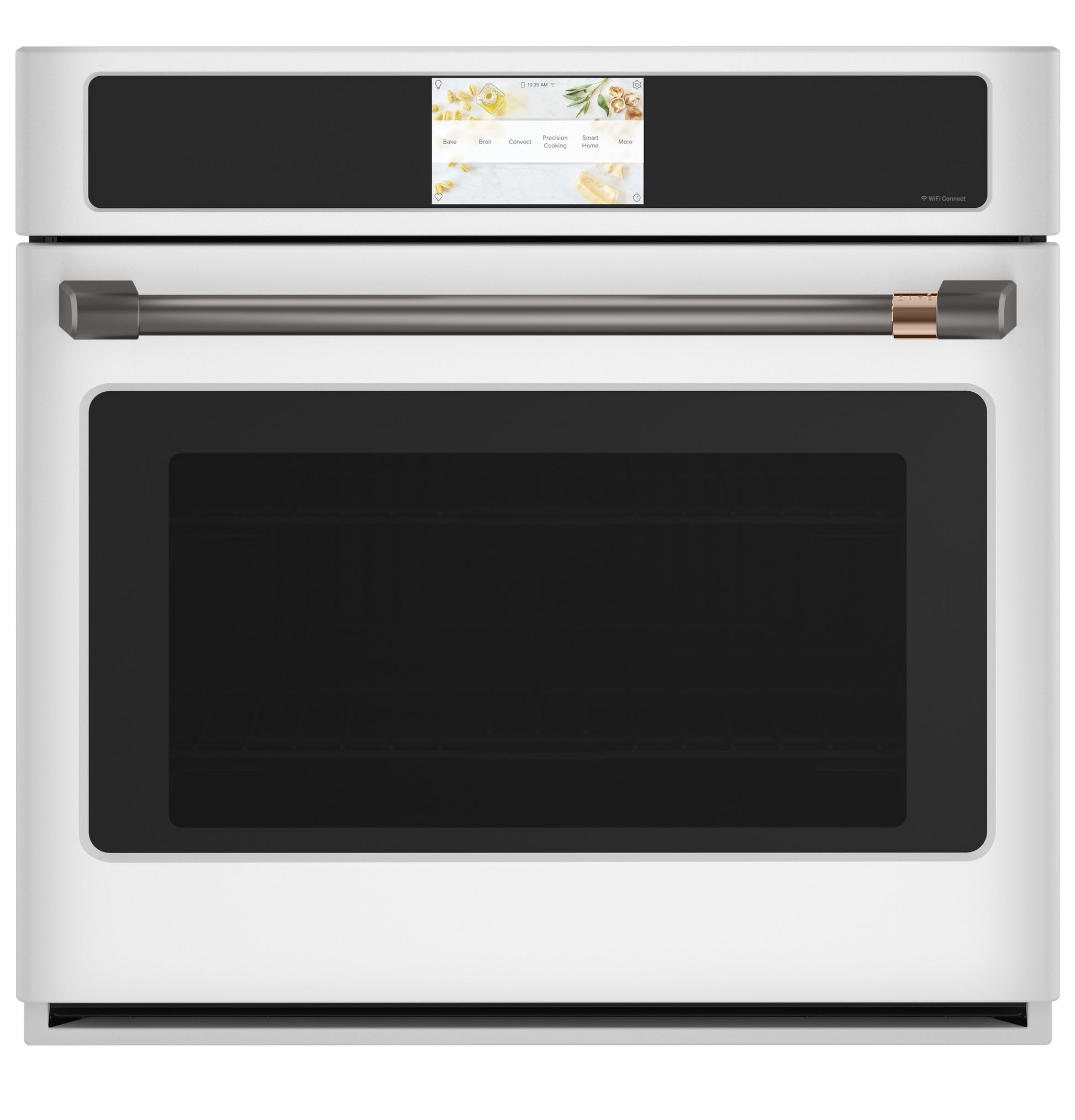 White smart built-in convection wall oven with digital touchscreen and stainless steel handle in kitchen appliance setting
