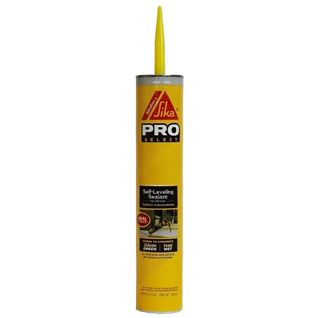 Yellow tube of gray self-leveling sealant with precision nozzle for home improvement and repair projects