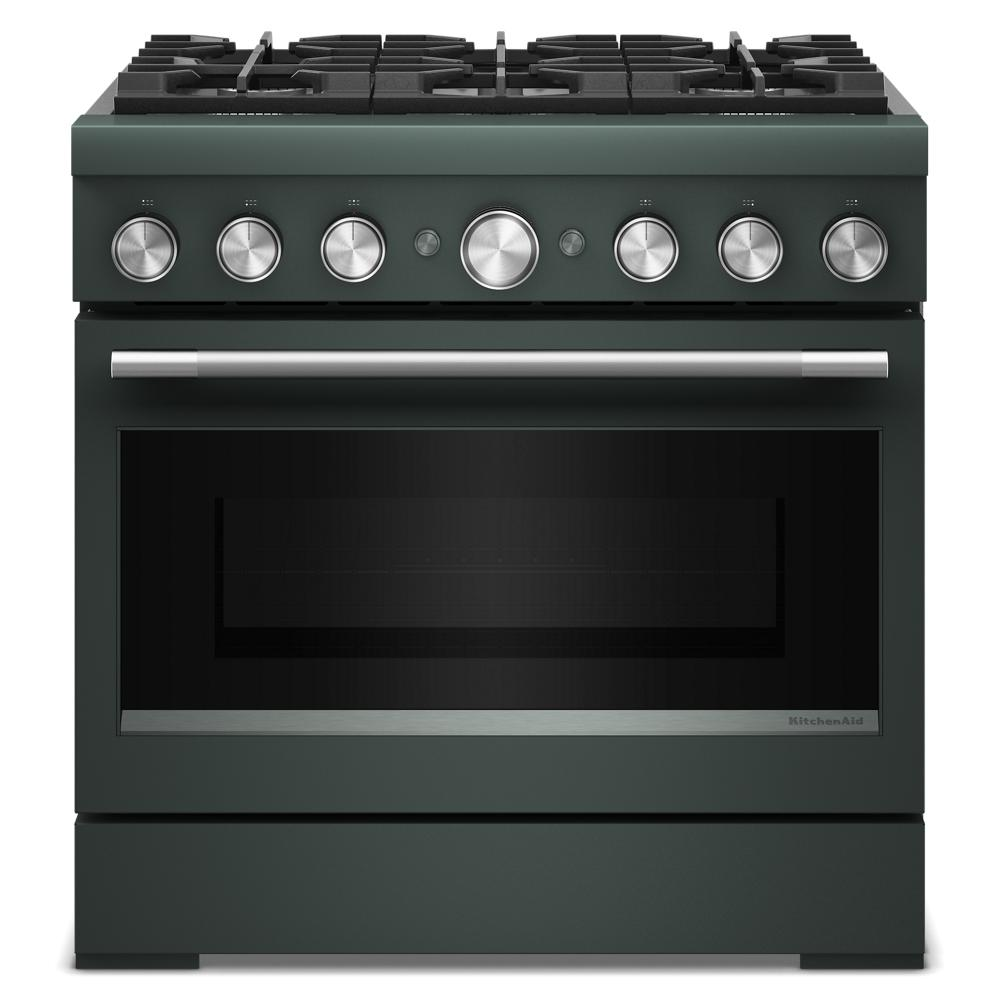 Front view of dark green 36-inch 6-burner commercial-style dual fuel range from KitchenAid ranges collection