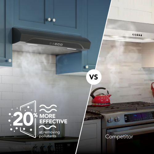 Black under cabinet range hood with digital controls and LED lighting in a modern kitchen setting comparison image