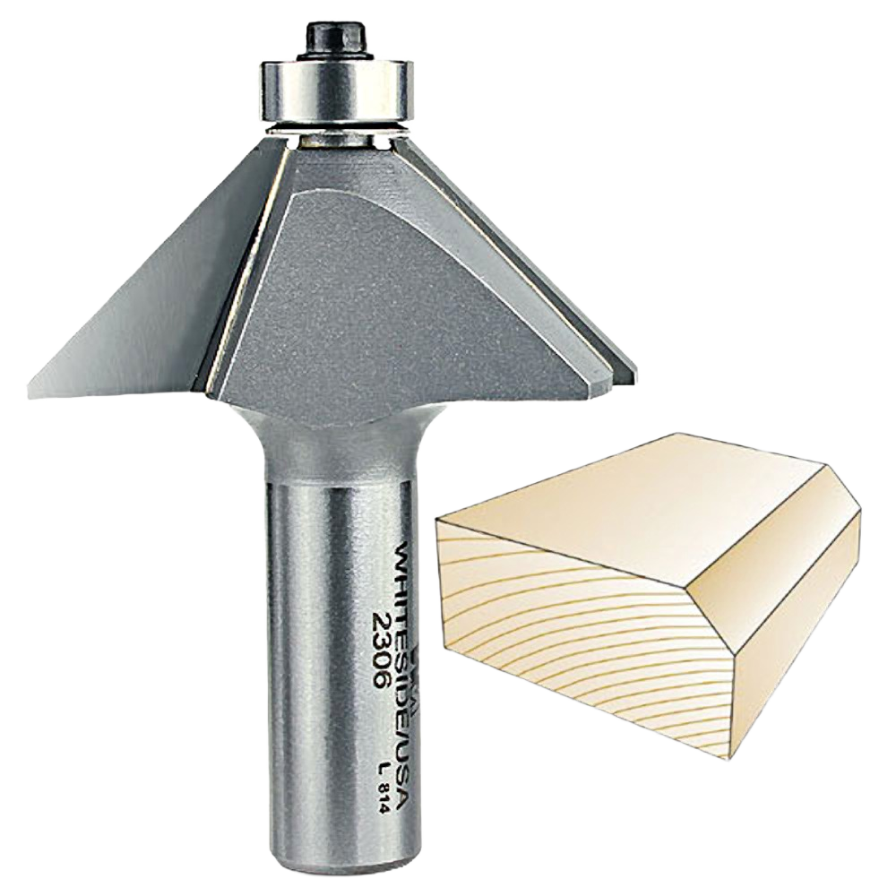 Carbide-tipped 45-degree chamfer router bit with two-wing design for woodworking in tool accessories collection under $100