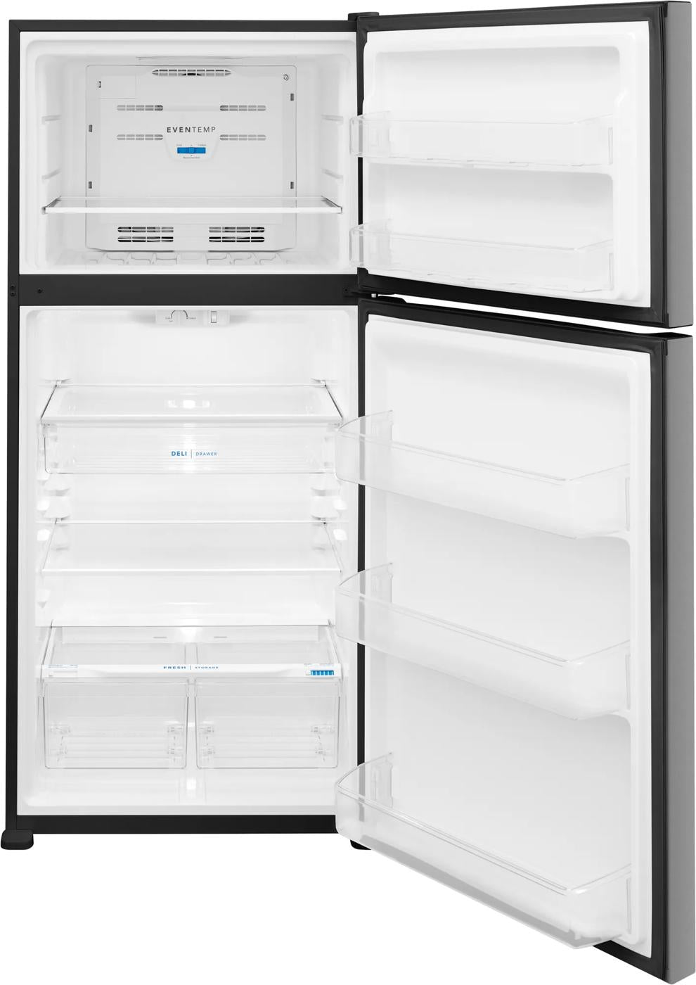 Open black top freezer refrigerator with spacious adjustable shelves and clear door bins in kitchen appliance collections