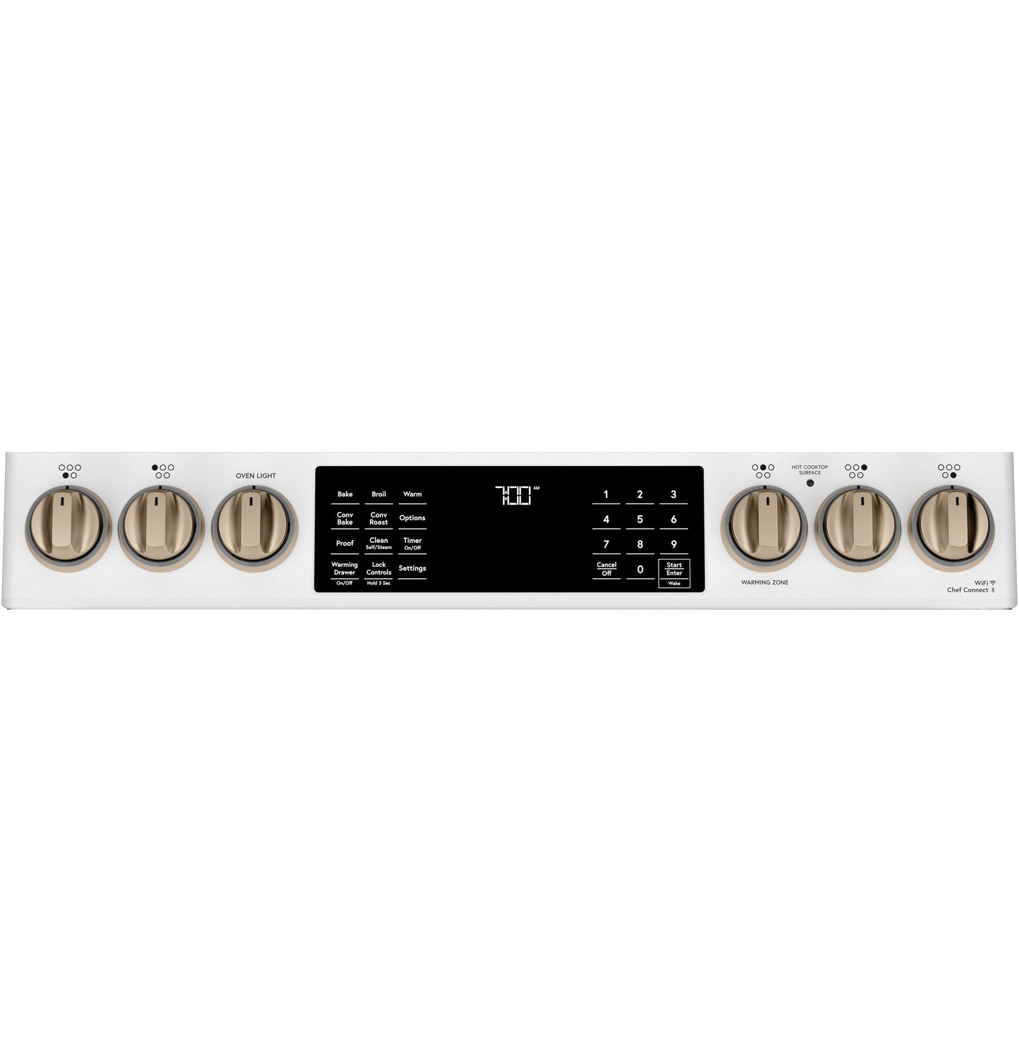 Control panel of a smart slide-in range with front knobs, digital display, and touch controls from kitchen appliances collection
