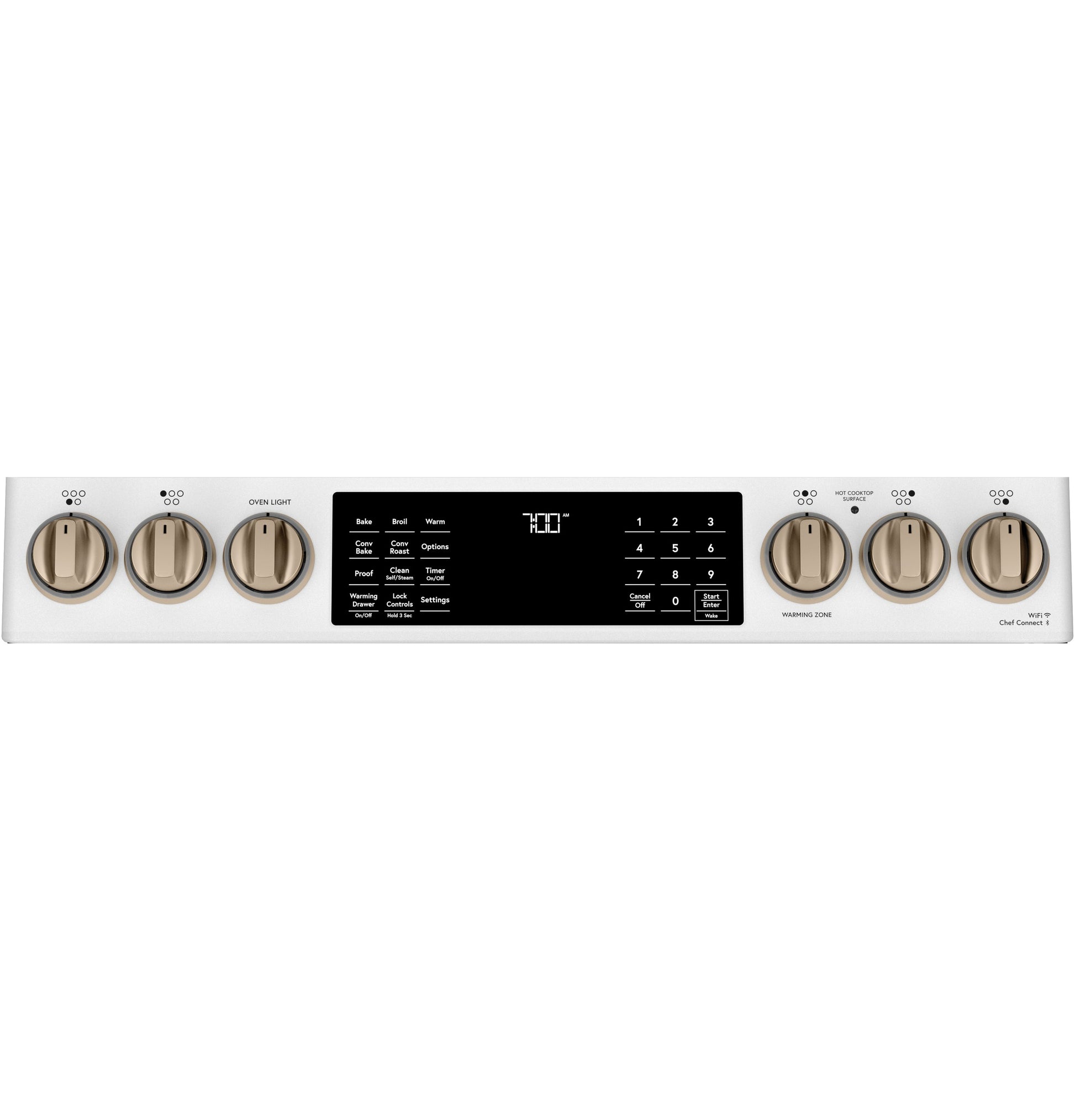 Control panel of a smart slide-in range with front knobs, digital display, and touch controls from kitchen appliances collection