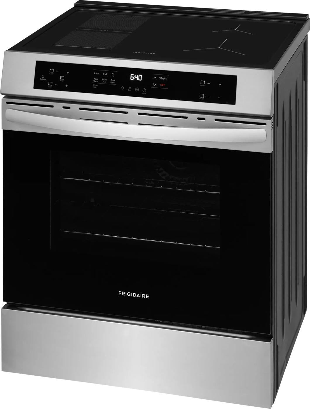 Freestanding stainless steel induction range with front digital control panel and smooth cooktop surface for kitchen use