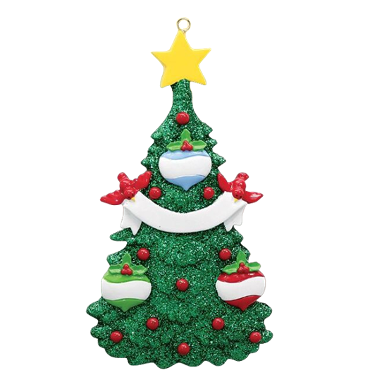 Green glitter Christmas tree ornament decorated with red berries, colorful baubles, and topped with a yellow star for holiday decor