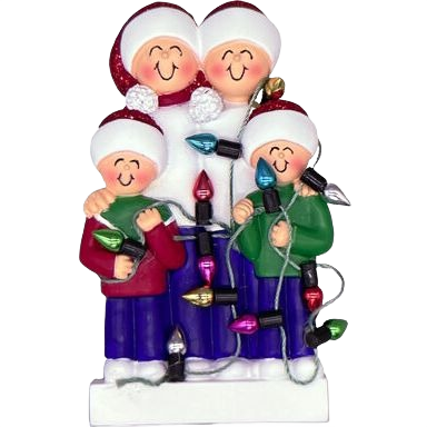 Festive family of four figurine holding colorful Christmas lights in Christmas Ornaments & Tree Decorations collection