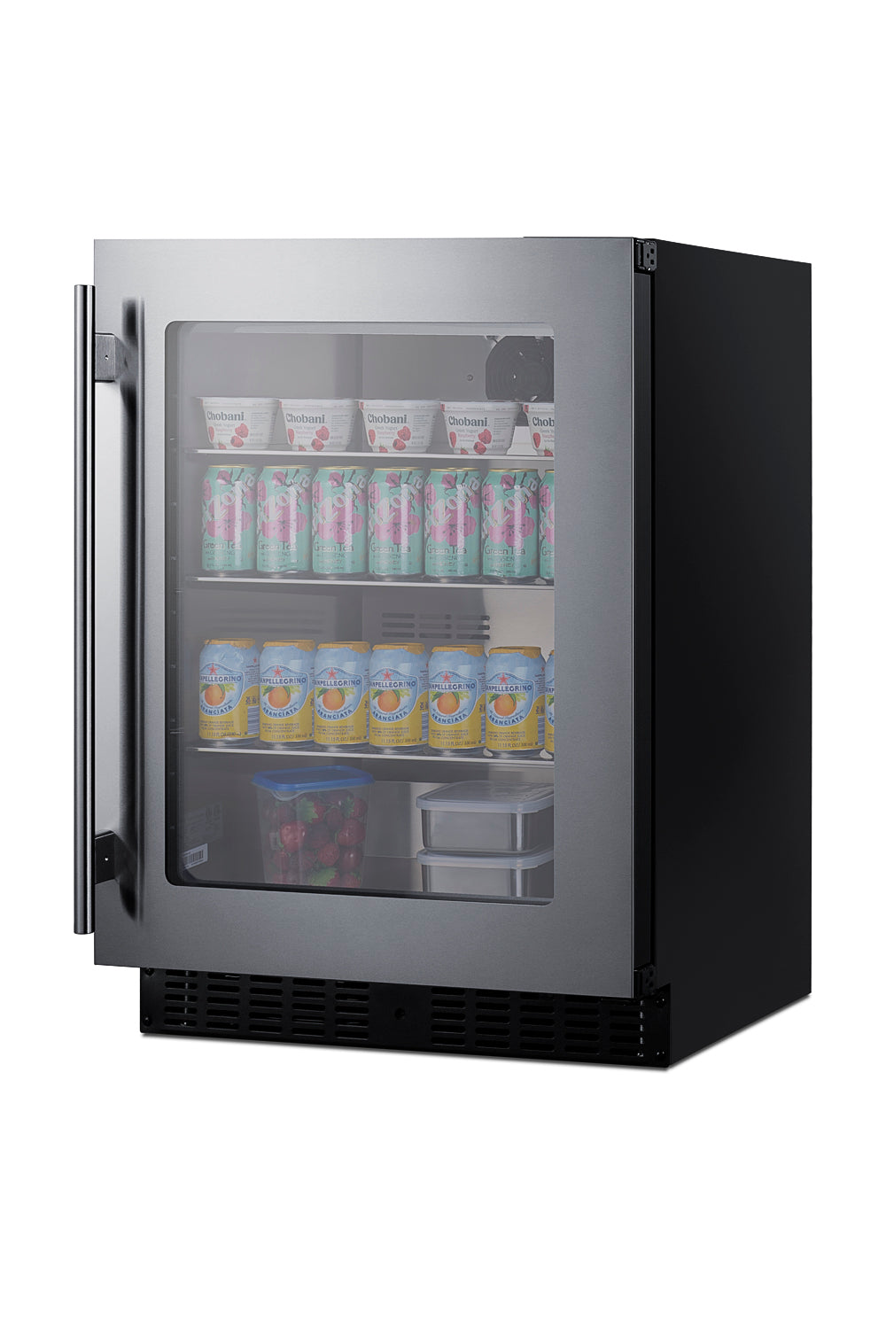 Compact beverage refrigerator with stainless steel door and glass panel, stocked with drinks and snacks inside.