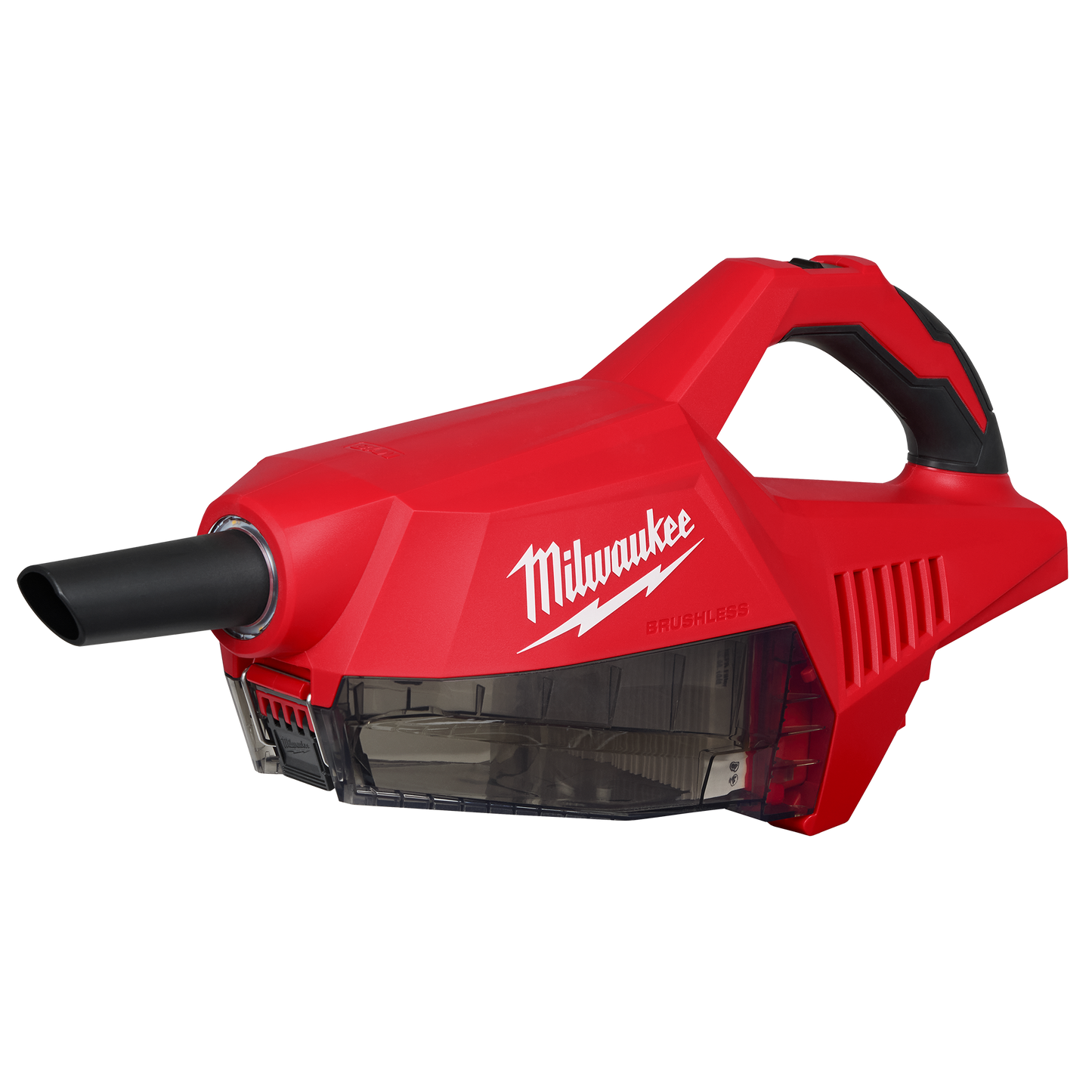 Red handheld brushless vacuum with ergonomic black grip and clear dust container, designed for efficient cleaning in home improvement and workshop tasks at Hartville Hardware.
