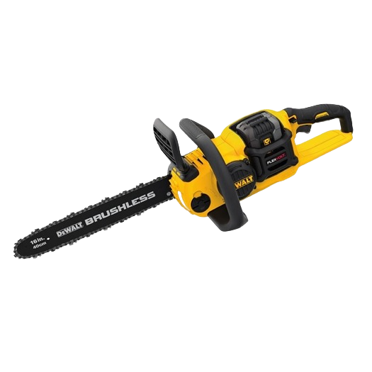 Yellow and black brushless cordless chainsaw with 18-inch bar for home improvement and outdoor cutting tasks