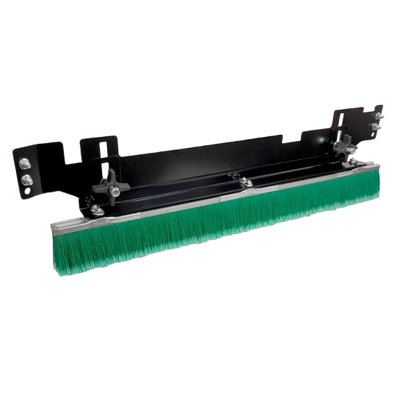 Black steel grass groomer attachment with green bristles designed for lawn mower decks and home improvement tasks