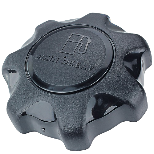 Black fuel tank cap with grip edges and embossed fuel icon, suitable for John Deere automotive parts and accessories.