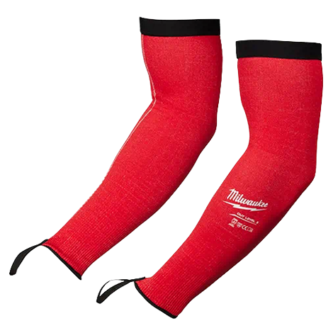 Pair of red protective cut-resistant sleeves with black elastic cuffs designed for tool and home improvement tasks